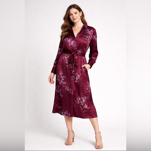 Vince Dresses & Skirts - Vince Silk Floral Tie Waist Shirt Dress Burgundy Long Sleeve NWT 1X